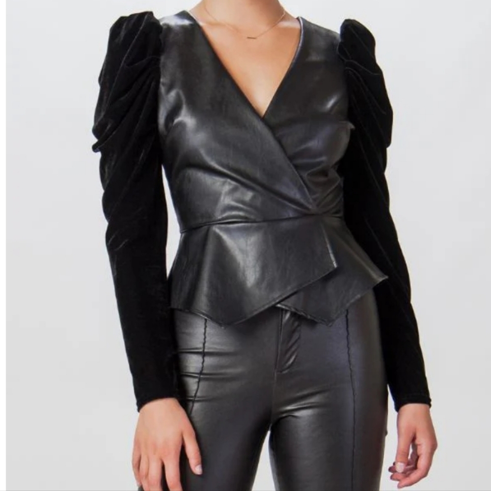 Faux Leather-Velvet Peplum Top w/ Rear Zipper Size Small